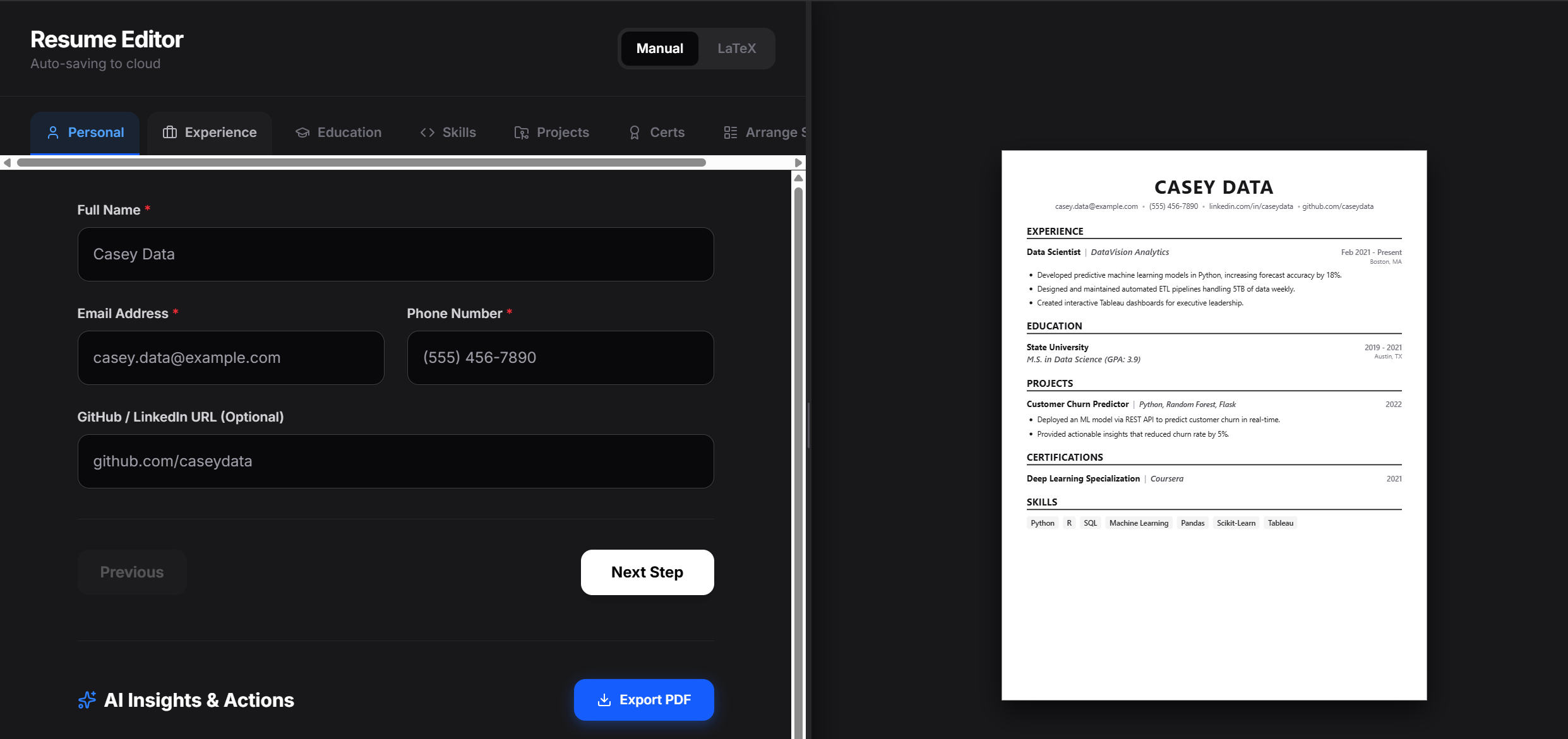 Resume Builder Interface
